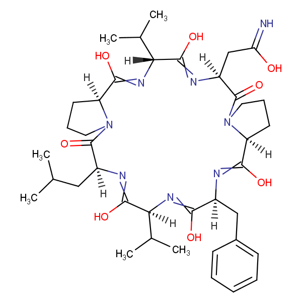 Structural image of 2-[12-Benzyl-8,11,14,22,25-pentahydroxy-6-(2-methylpropyl)-5,19-dioxo-9,23-di(propan-2-yl)-2,3,5,6,9,12,14a,15,16,17,19,20,23,25a-tetradecahydro-1H-dipyrrolo[1,2-a:1',2'-j][1,4,7,10,13,16,19]heptaazacyclohenicosin-20-yl]ethanimidic acid