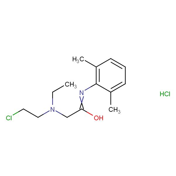 Structural image of 2-[(2-Chloroethyl)(ethyl)amino]-N-(2,6-dimethylphenyl)ethanimidic acid--hydrogen chloride (1/1)