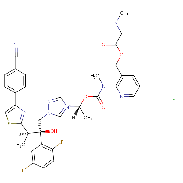 Structural image of {2-[{[1-(1-{3-[4-(4-Cyanophenyl)-1,3-thiazol-2-yl]-2-(2,5-difluorophenyl)-2-hydroxybutyl}-1H-1,2,4-triazol-4-ium-4-yl)ethoxy]carbonyl}(methyl)amino]pyridin-3-yl}methyl N-methylglycinate chloride