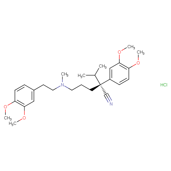 Structural image of 2-(3,4-Dimethoxyphenyl)-5-{[2-(3,4-dimethoxyphenyl)ethyl](methyl)amino}-2-(propan-2-yl)pentanenitrile--hydrogen chloride (1/1)