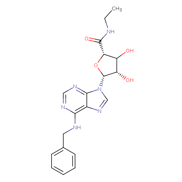 Structural image of (2S,4S,5R)-5-[6-(Benzylamino)-9H-purin-9-yl]-N-ethyl-3,4-dihydroxyoxolane-2-carboxamide