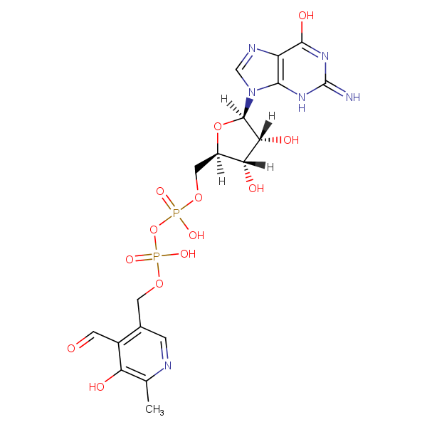 Structural image of 9-{5-O-[({[(4-Formyl-5-hydroxy-6-methylpyridin-3-yl)methoxy](hydroxy)phosphoryl}oxy)(hydroxy)phosphoryl]pentofuranosyl}-2-imino-3,9-dihydro-2H-purin-6-ol